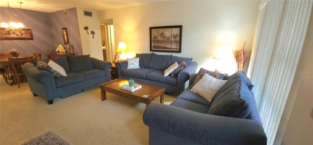 living area featuring light colored carpet and visible vents