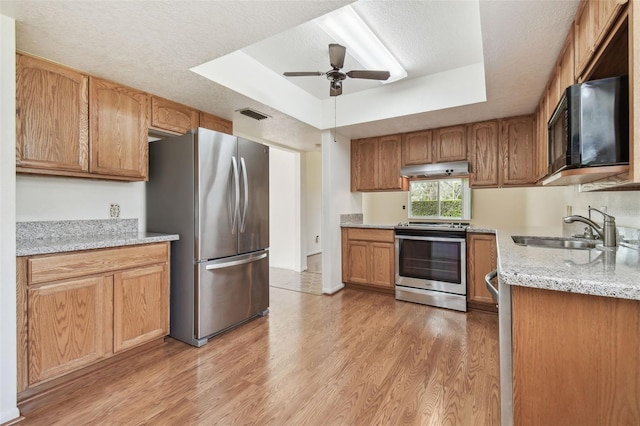 kitchen featuring appliances with stainless steel finishes, a tray ceiling, light wood-type flooring, and a sink