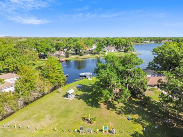 bird's eye view featuring a water view and a wooded view