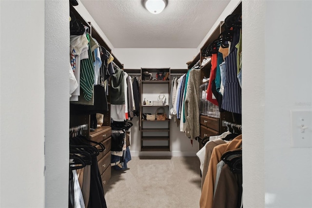 walk in closet with light colored carpet