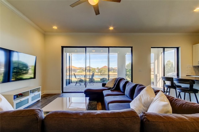 living room with a ceiling fan, plenty of natural light, ornamental molding, and dark wood-type flooring