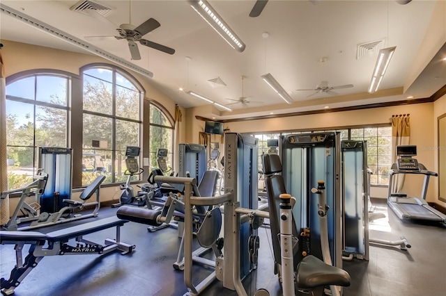 exercise room featuring visible vents and a healthy amount of sunlight