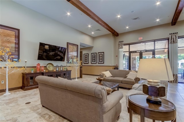 living area featuring recessed lighting, visible vents, beamed ceiling, and baseboards