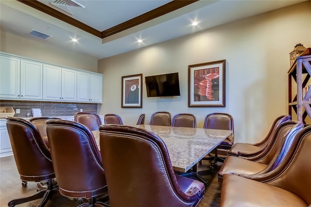 interior space featuring recessed lighting, visible vents, and crown molding