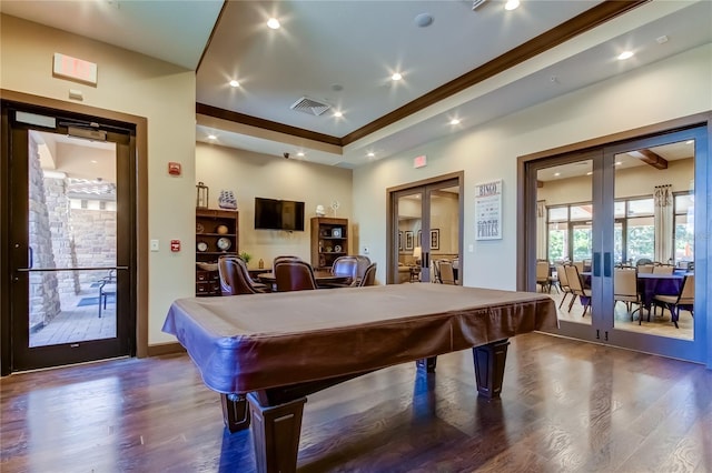 playroom with billiards, visible vents, wood finished floors, crown molding, and french doors