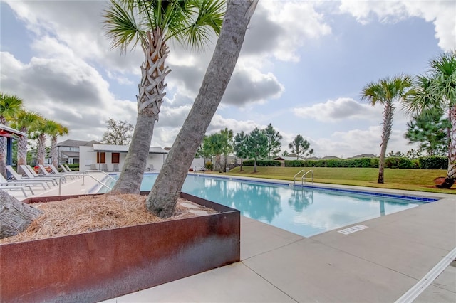 community pool featuring a patio area and a yard