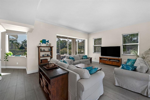 living area with crown molding, baseboards, and wood finished floors