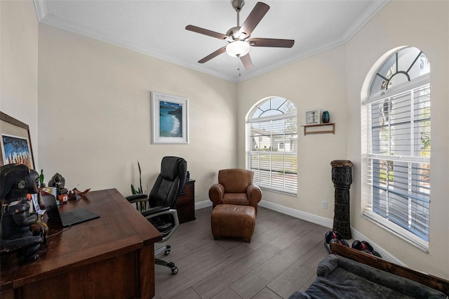 office area featuring baseboards, ceiling fan, wood finished floors, and crown molding