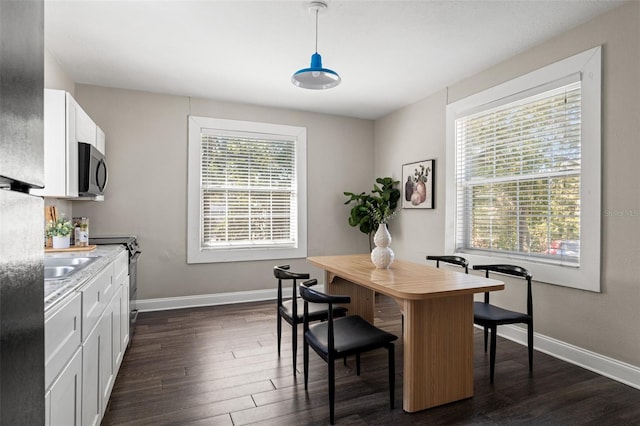 dining space with baseboards and dark wood finished floors