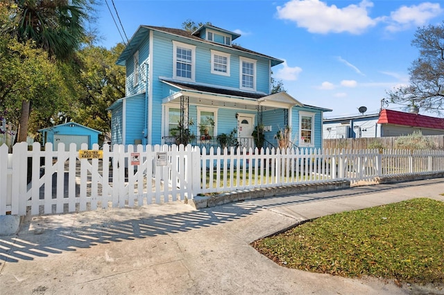 american foursquare style home featuring a fenced front yard, an outbuilding, a porch, a garage, and driveway