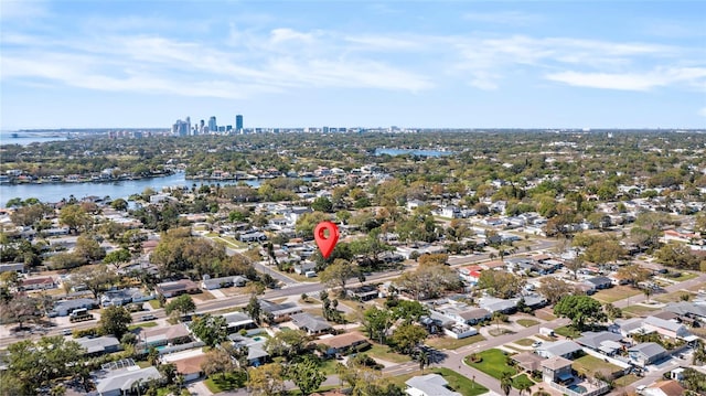 aerial view with a city view and a water view