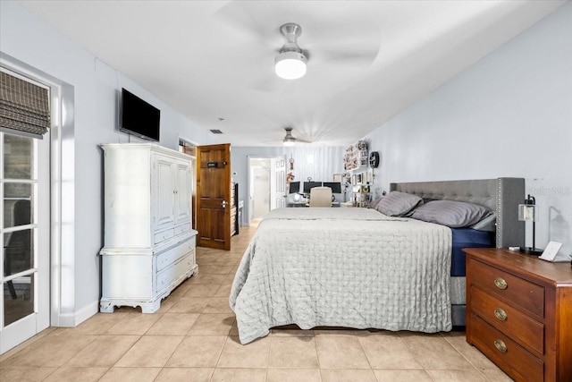 bedroom with light tile patterned floors and ceiling fan