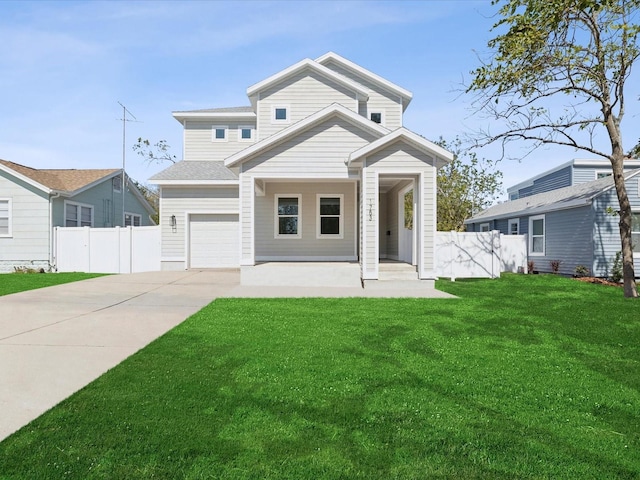 view of front of property with driveway, a garage, a shingled roof, fence, and a front yard