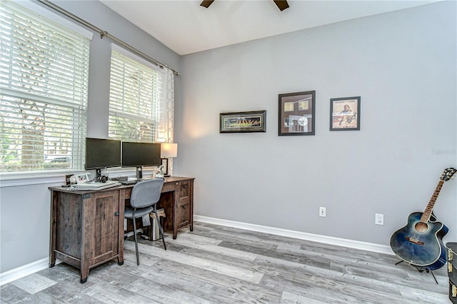 office area featuring ceiling fan, baseboards, and wood finished floors