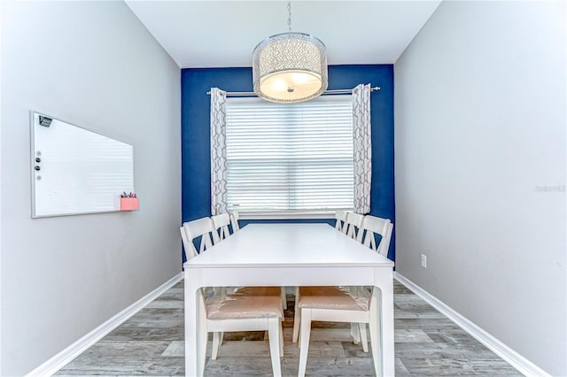 unfurnished dining area with baseboards and wood finished floors