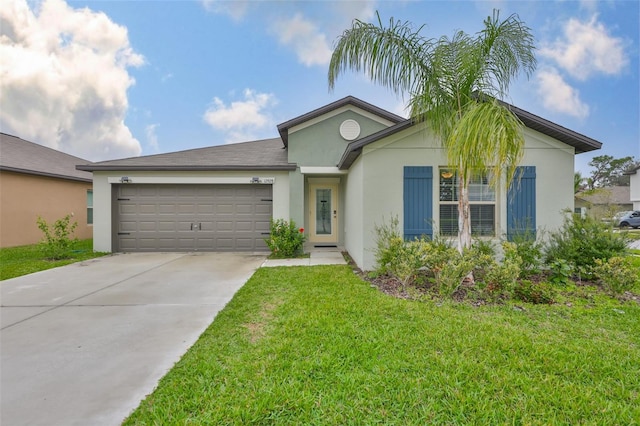 ranch-style home with concrete driveway, stucco siding, an attached garage, and a front yard