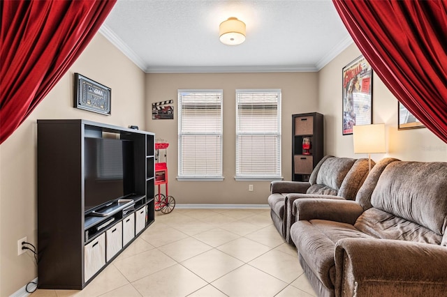 living area featuring ornamental molding, a textured ceiling, baseboards, and light tile patterned floors