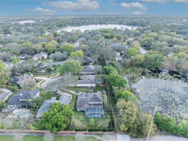 aerial view featuring a water view and a residential view