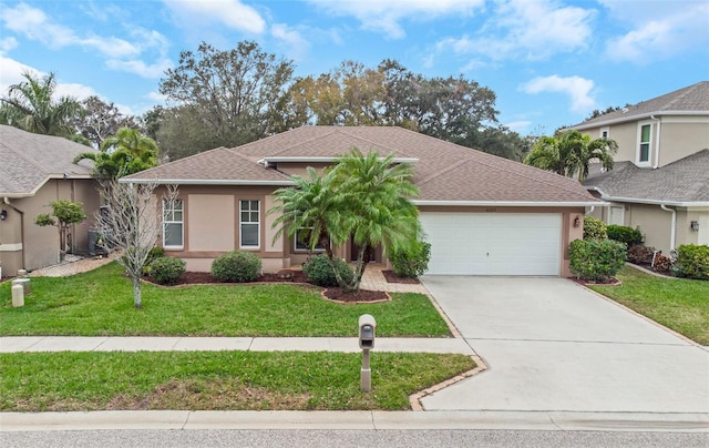 view of front of house with concrete driveway, stucco siding, roof with shingles, an attached garage, and a front yard