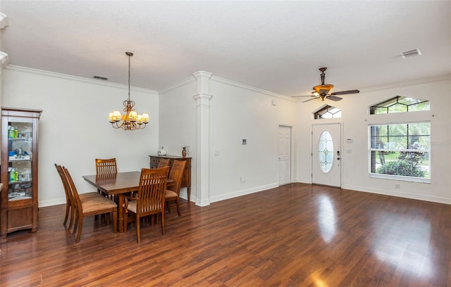 entrance foyer featuring ceiling fan with notable chandelier, visible vents, dark wood-type flooring, and ornamental molding