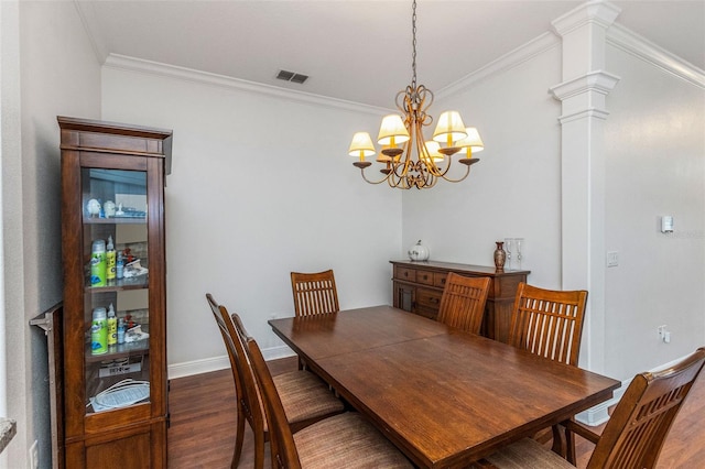 dining area with baseboards, crown molding, visible vents, and dark wood-style flooring