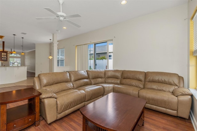 living area featuring a healthy amount of sunlight, ceiling fan, and wood finished floors