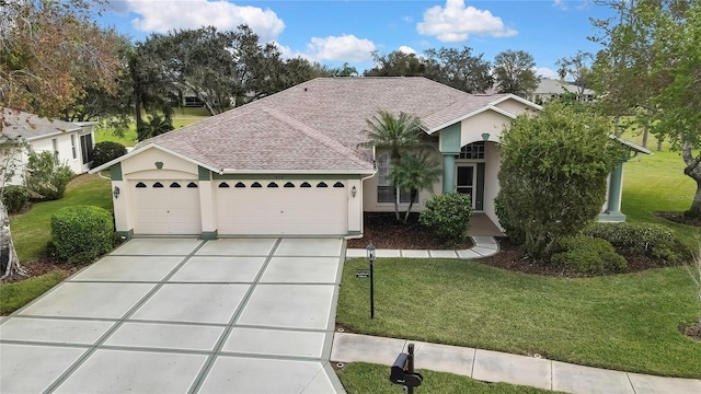 view of front of property featuring roof with shingles, an attached garage, a front lawn, and stucco siding