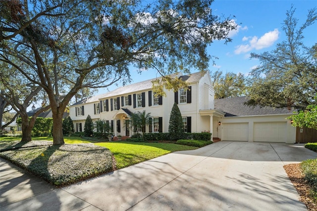 colonial-style house with a garage, concrete driveway, and a front yard