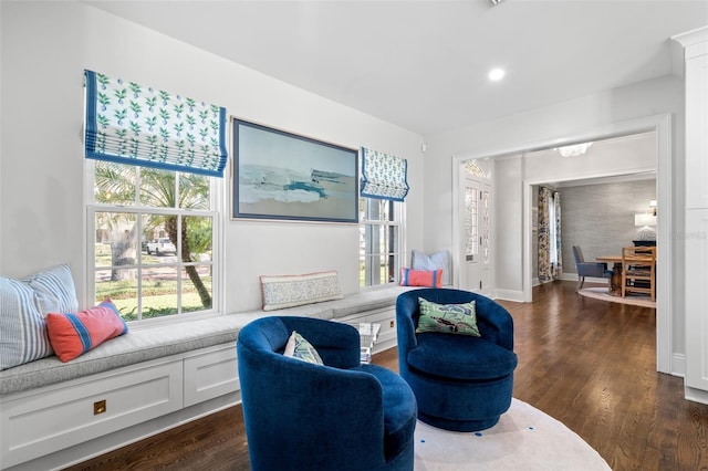 sitting room featuring recessed lighting, dark wood finished floors, and baseboards