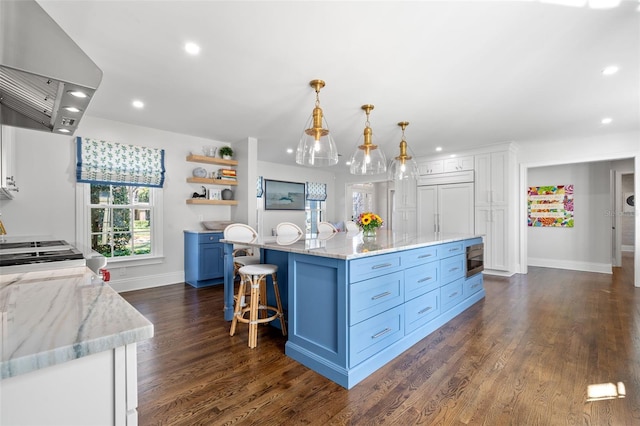 kitchen featuring open shelves, exhaust hood, dark wood finished floors, and white cabinets