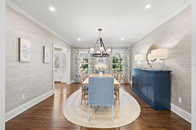 dining area with wallpapered walls, baseboards, dark wood-style floors, and ornamental molding