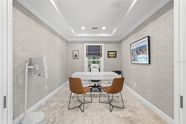 office area featuring a tray ceiling, visible vents, baseboards, and recessed lighting