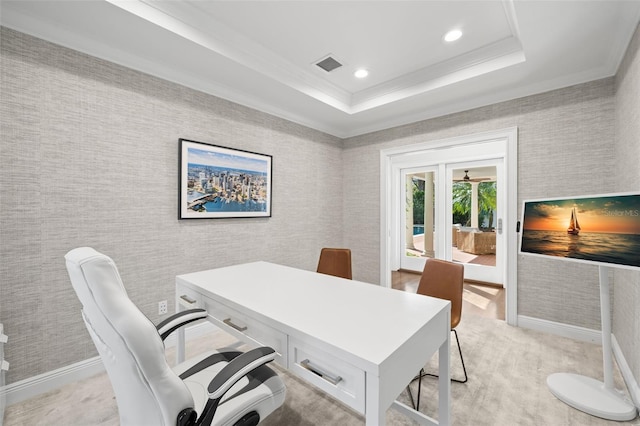 home office with recessed lighting, visible vents, a tray ceiling, and wallpapered walls