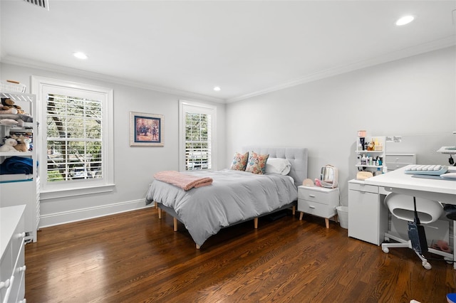 bedroom featuring dark wood-style flooring, recessed lighting, visible vents, ornamental molding, and baseboards