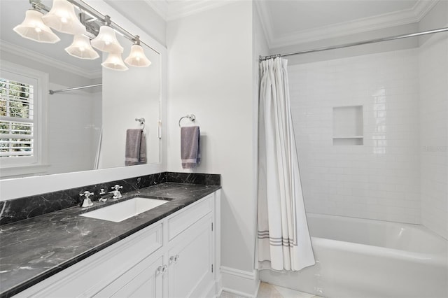 bathroom with baseboards, shower / bath combo, vanity, and crown molding