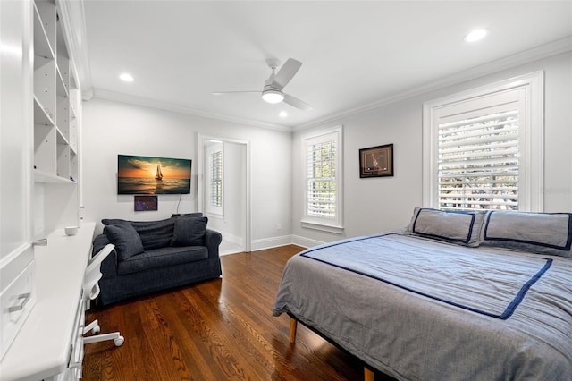 bedroom with baseboards, recessed lighting, wood finished floors, and crown molding