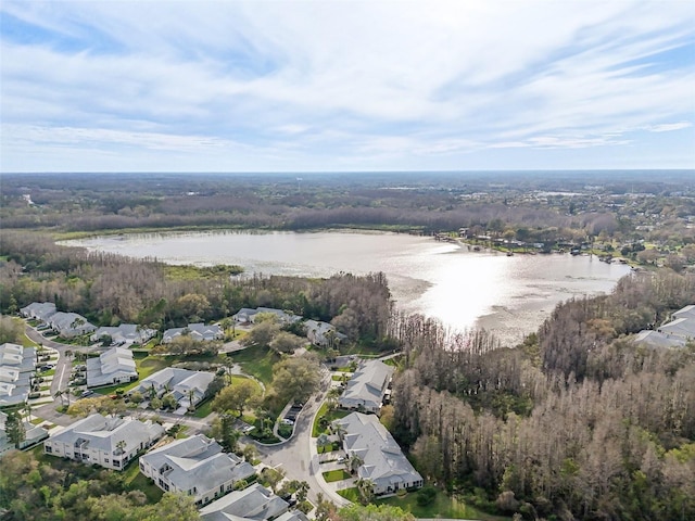 bird's eye view featuring a water view and a forest view