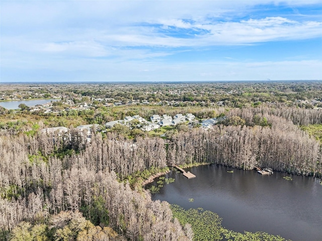 aerial view featuring a water view and a wooded view