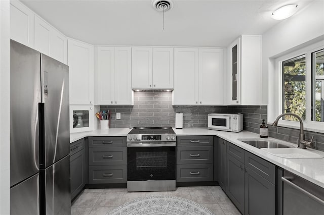 kitchen featuring gray cabinets, visible vents, decorative backsplash, appliances with stainless steel finishes, and a sink