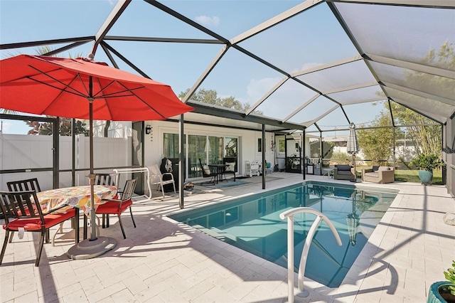 view of swimming pool with a fenced in pool, a patio, fence, outdoor dining area, and outdoor lounge area