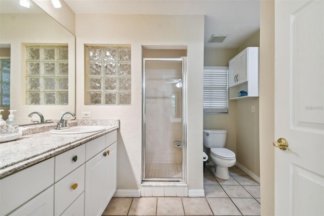 full bathroom featuring visible vents, toilet, tile patterned floors, vanity, and a shower stall