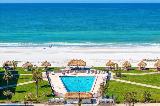 aerial view with a view of the beach and a water view