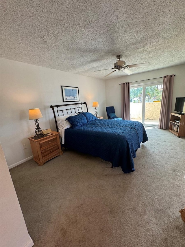 bedroom featuring ceiling fan, carpet, baseboards, and access to outside