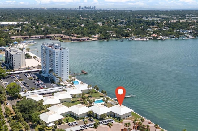 birds eye view of property featuring a water view