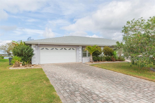 single story home with a garage, a front lawn, and decorative driveway