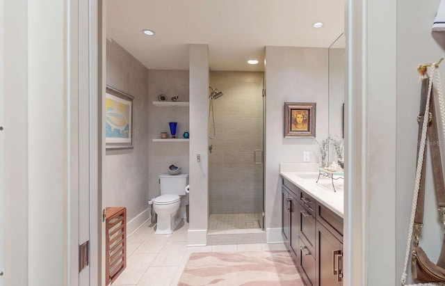 full bath featuring recessed lighting, toilet, a stall shower, vanity, and tile patterned flooring