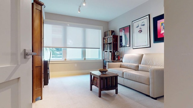 living room featuring rail lighting, baseboards, and carpet flooring