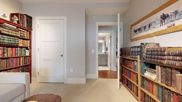 living area featuring carpet flooring and baseboards