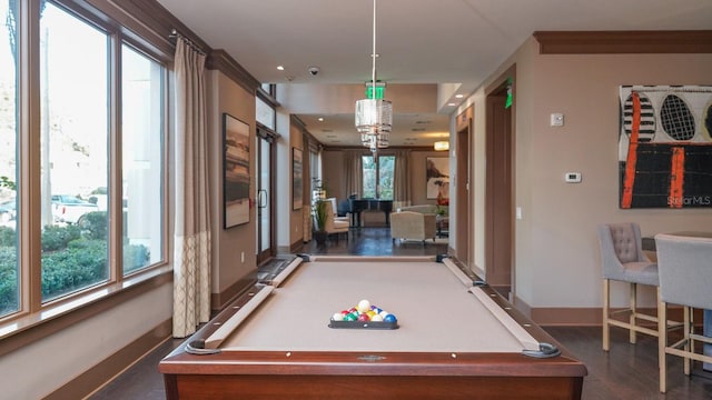 recreation room featuring dark wood-style floors, pool table, and baseboards