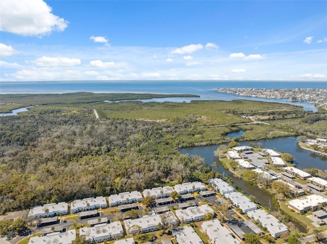 birds eye view of property featuring a water view and a view of trees